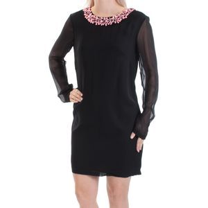 French Connection Womens Pink Beaded Long Sleeve Jewel Neck Mini Shift Dress,12